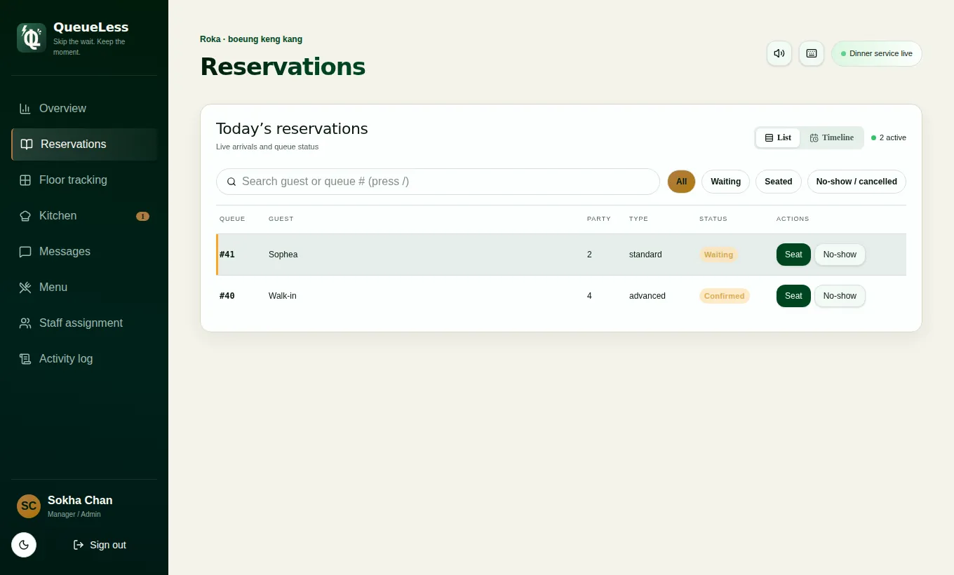 Reservations screen